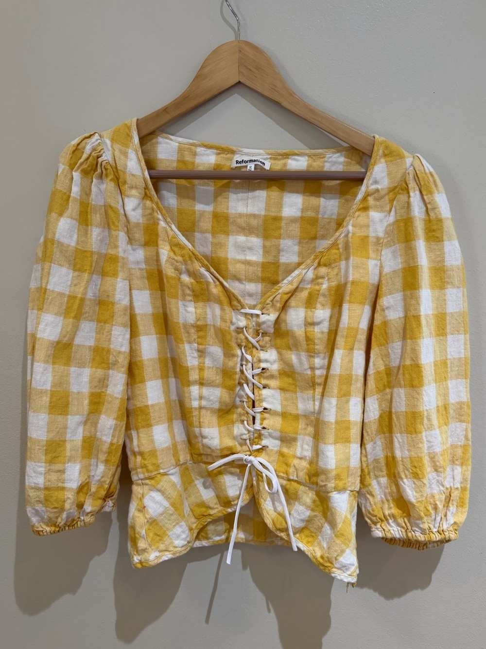 Reformation Barrett Top yellow gingham sweetheart‎ neck 100%Linen Size 12 - Picture 2 of 13